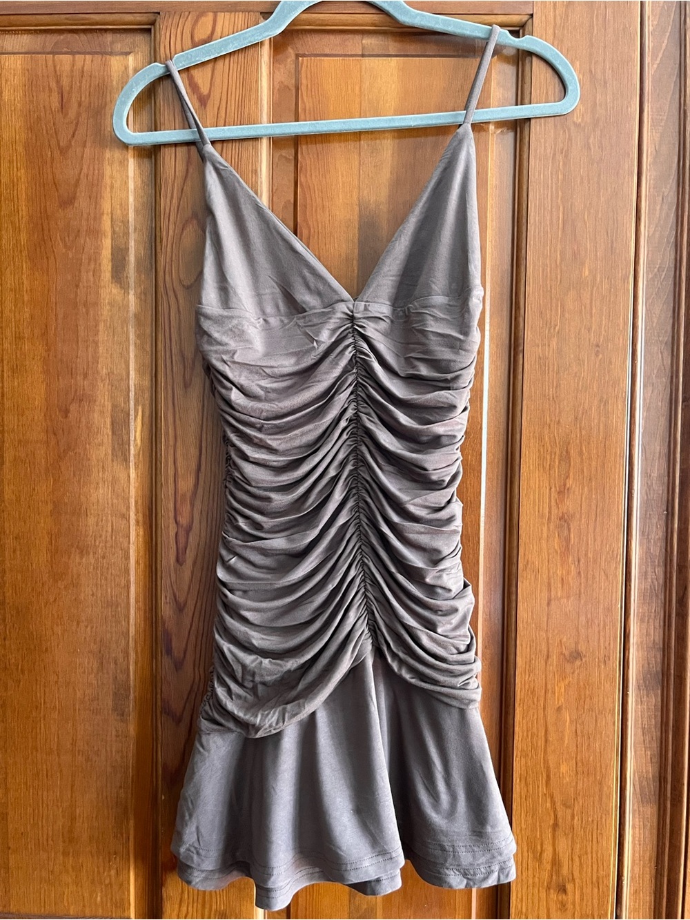 White Fox Boutique Taupe Ruched V-Neck Spaghetti Strap Mini Dress